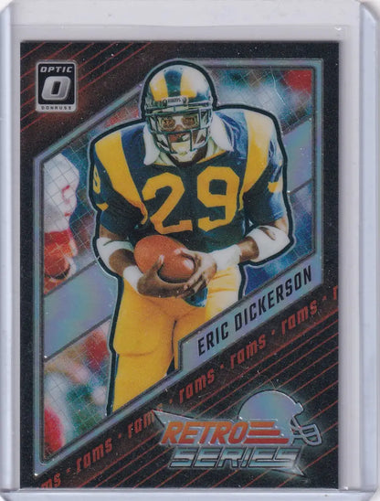 Football trading card of Eric Dickerson in Los Angeles Rams uniform from Panini Donruss Optic Prizm
