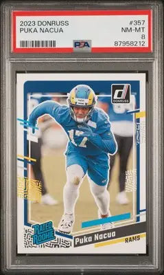 2023 Panini Donruss Puka Nacua rookie football card PSA 8 NM-MT collectible