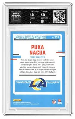 Graded Puka Nacua football card from Panini Donruss Rated Rookie series in NM Mint+ personal display