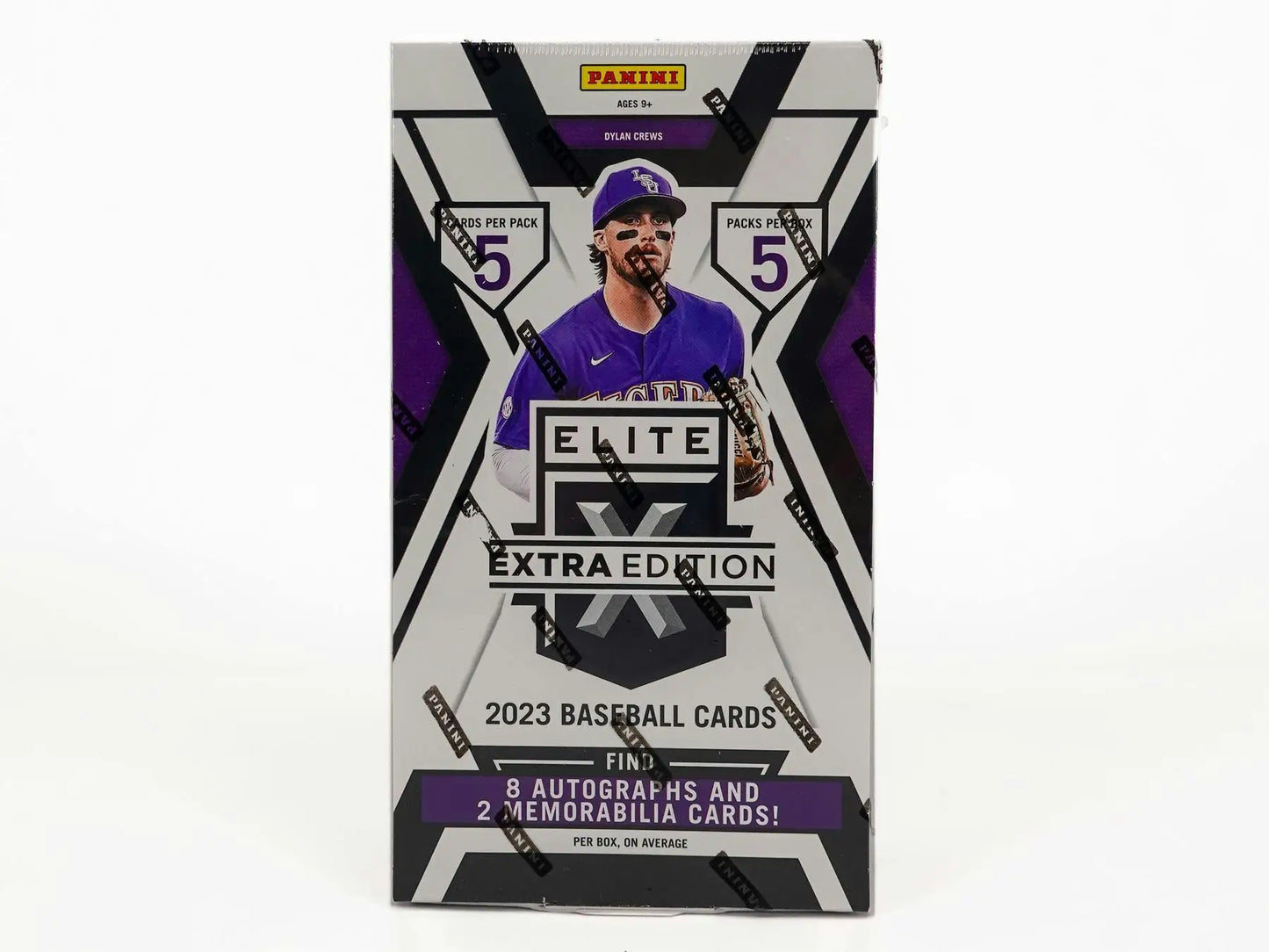 Box of 2023 Elite Extra Edition baseball cards with memorabilia cards in hobby box