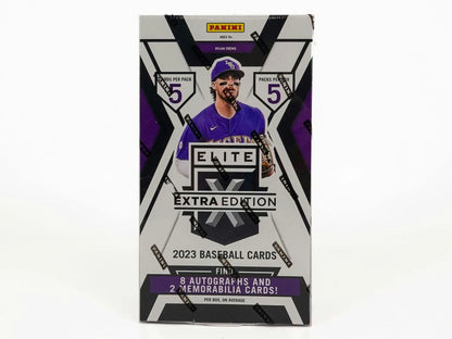 Box of 2023 Elite Extra Edition baseball cards with memorabilia cards in hobby box