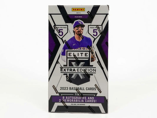 Box of 2023 Elite Extra Edition baseball cards with memorabilia cards in hobby box