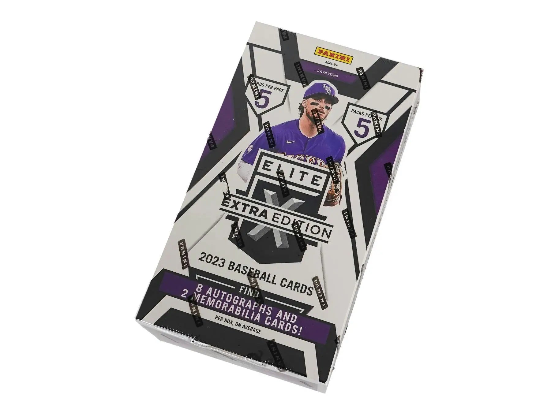 Box of 2023 Elite Extra Edition baseball cards with memorabilia cards in hobby box