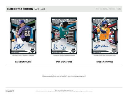 Three baseball cards from 2023 Panini Elite Extra Edition Baseball Hobby Box