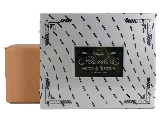 White box with black accents for 2023 Panini Flawless Football Hobby case featuring NFL Shield Gems