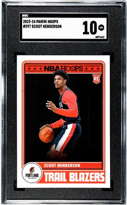 Graded Panini Hoops Scoot Henderson basketball card displayed in 2023 Panini Hoops product