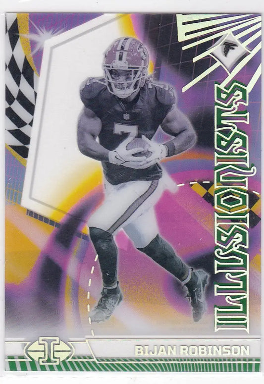 Football trading card featuring Bijan Robinson Illusionists Atlanta Falcons 2023 Panini