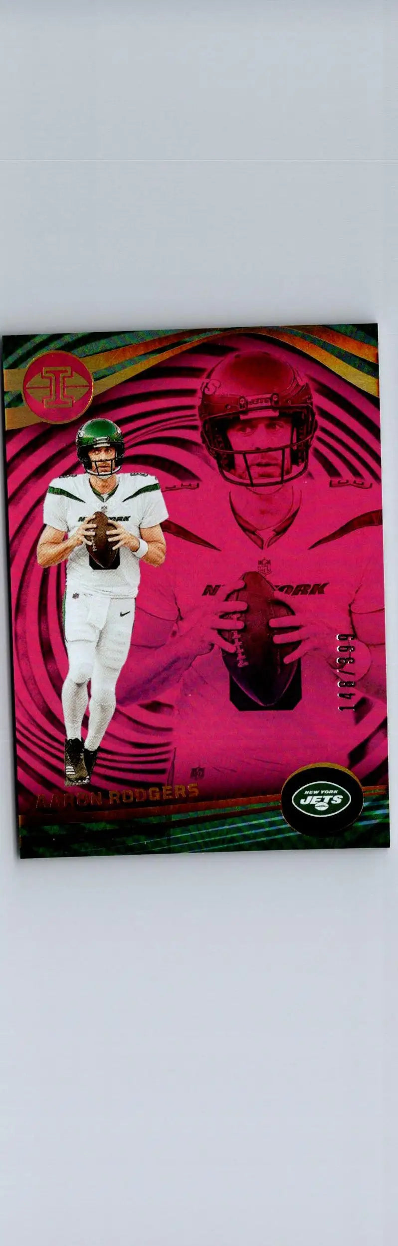 Aaron Rodgers Pink Trophy trading card with swirling pink background and silhouette