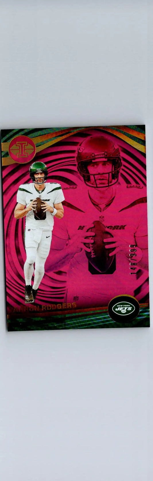 Aaron Rodgers Pink Trophy trading card with swirling pink background and silhouette