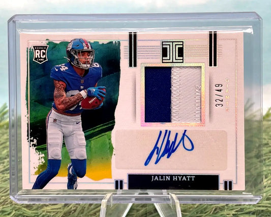Jalin Hyatt football card from Panini Impeccable Football 2023, rookie patch auto RPA