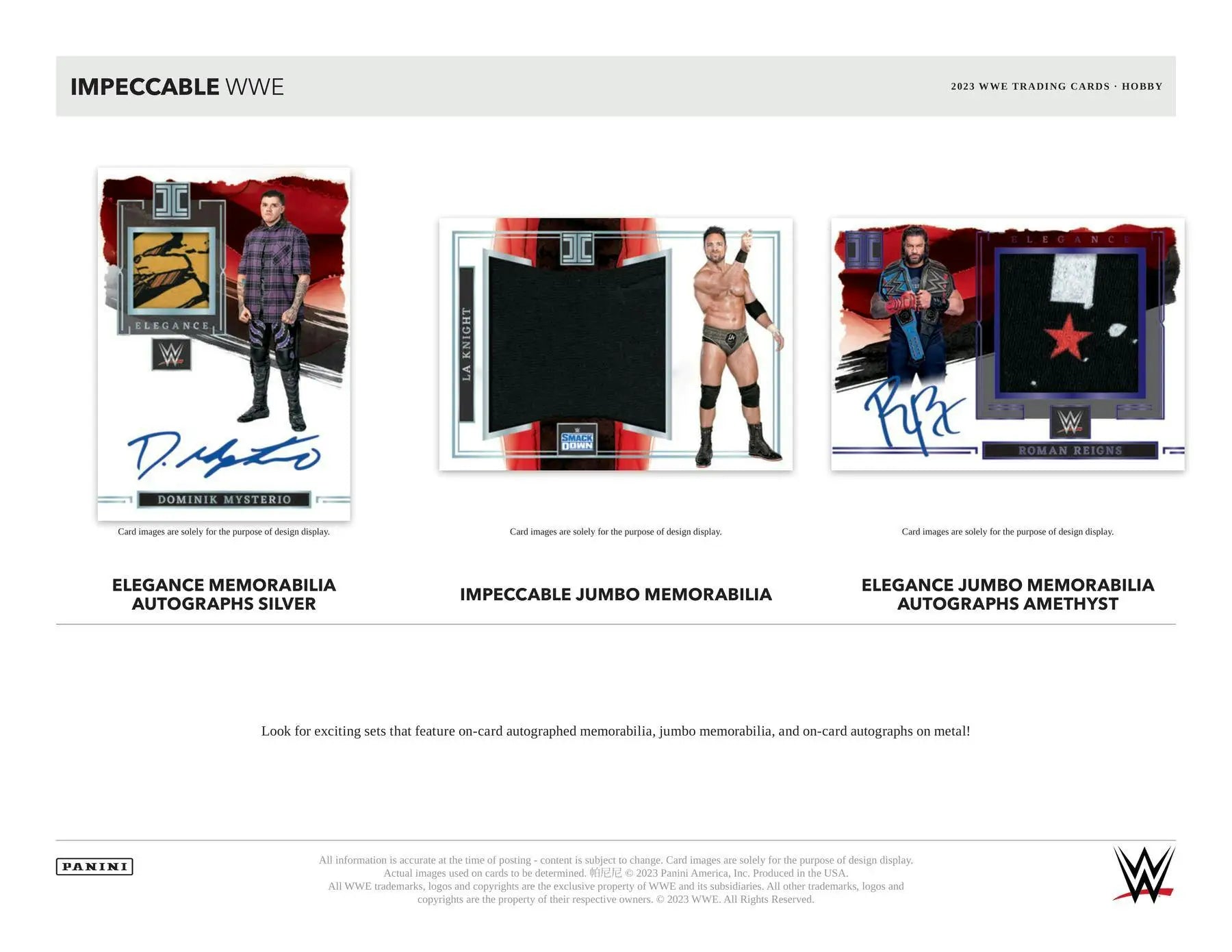 Three WWE trading cards from the Panini Impeccable WWE Wrestling Hobby Box featuring jumbo memorabilia