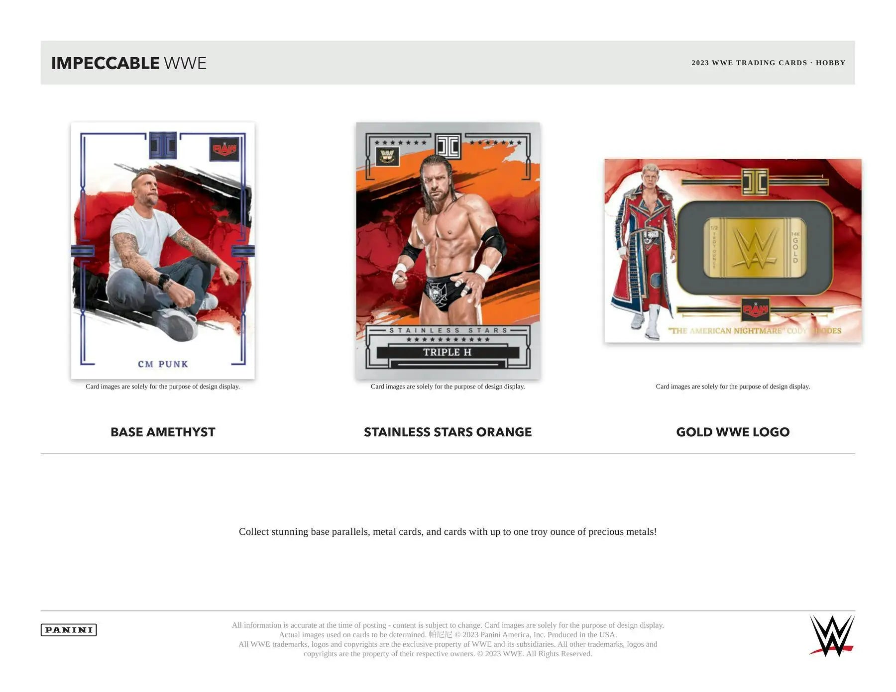 Three WWE trading cards from the 2023 Panini Impeccable WWE Wrestling Hobby Box