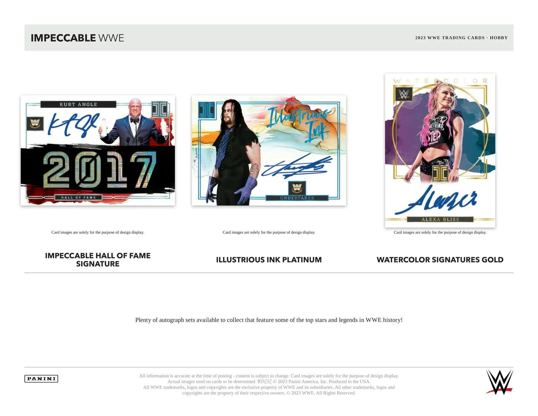 WWE trading cards from the 2023 Panini Impeccable WWE Wrestling Hobby Box with jumbo memorabilia