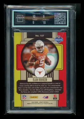 Graded NFL trading card of Bijan Robinson from Panini Legacy Bijan series in product 2023 Panini Legacy