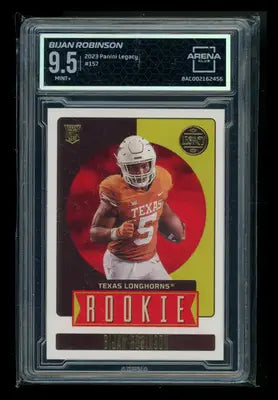 A graded Panini Legacy Bijan Robinson rookie football card displayed in the 2023 Panini Legacy collection