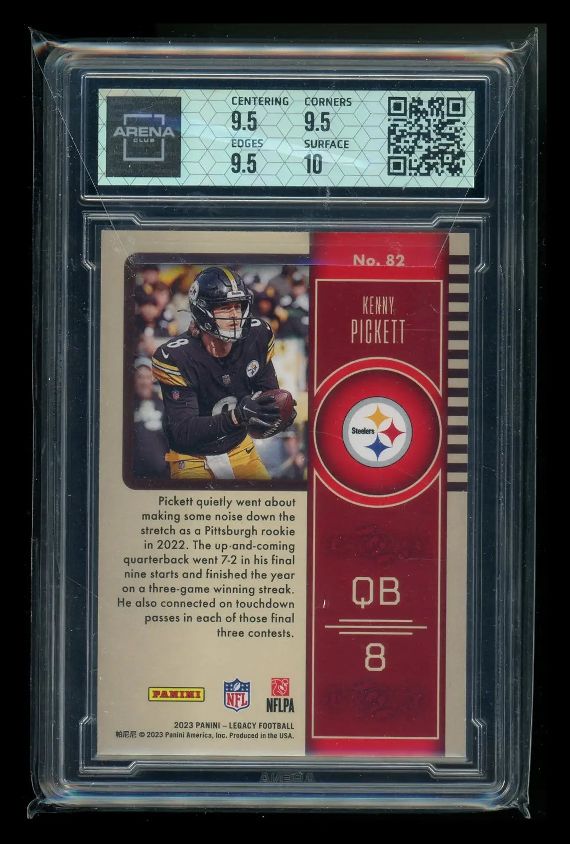 Graded Panini Legacy Kenny Pickett football trading card from 2023 Arena Club series