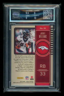 Panini Legacy Orange Javonte Williams football card with Denver Broncos logo and player number 33