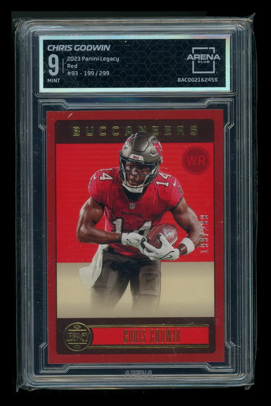 Graded 2023 Panini Legacy Red Chris Godwin Football Card displayed in Arena Club condition