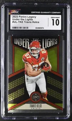 Graded Travis Kelce football card from Panini Legacy Travis Kelce Under the Lights series