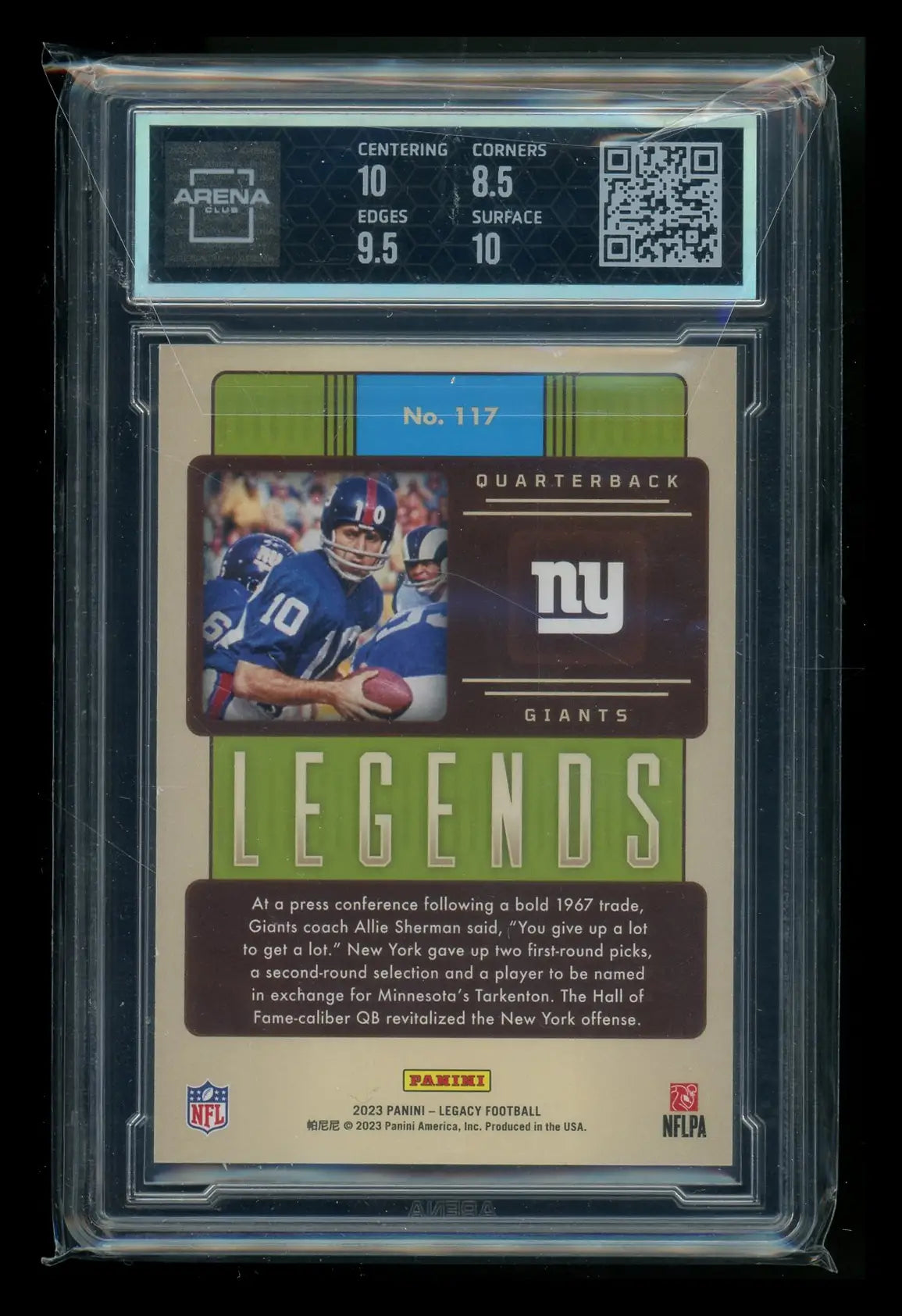 Graded Panini Legacy Yellow Fran Tarkenton football trading card in clear case