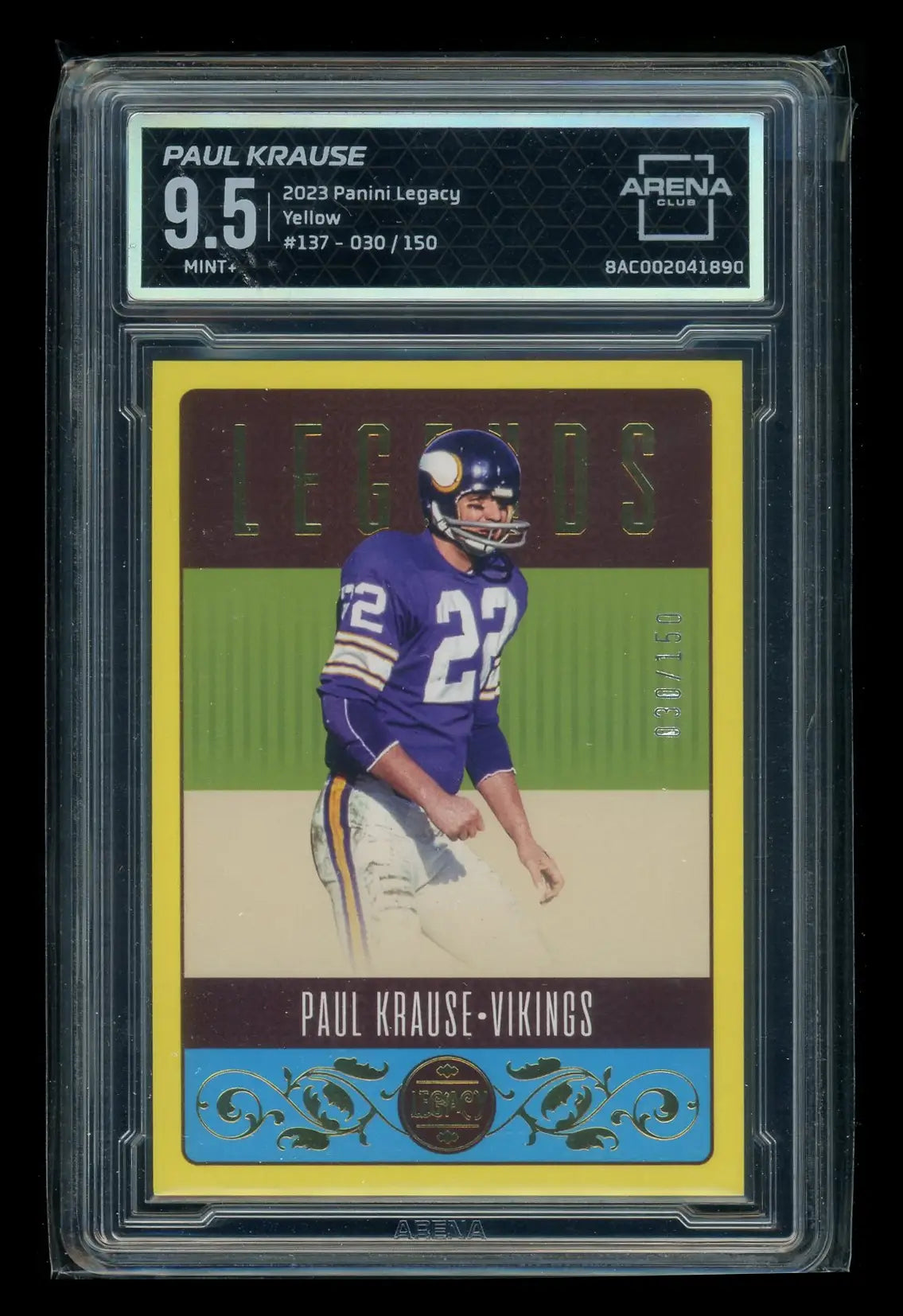 Graded football trading card of Paul Krause from Panini Legacy Yellow series