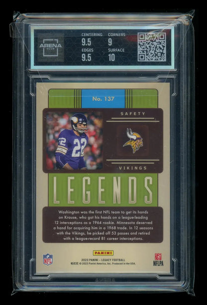 Graded Minnesota Vikings football card 2023 Panini Legacy Yellow Paul Krause #137