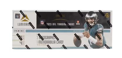 Sealed 2023 Panini Luminance NFL football hobby box with Jalen Hurts, autographs, memorabilia