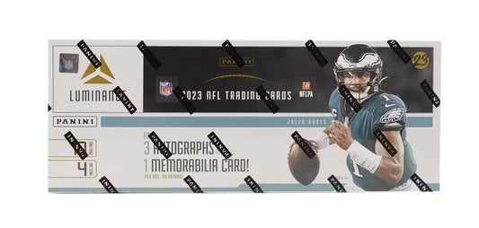 Sealed 2023 Panini Luminance NFL football hobby box with Jalen Hurts, autographs, memorabilia