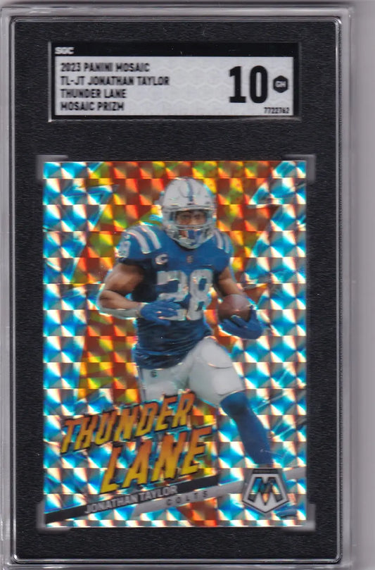 Graded Jonathan Taylor football card from 2023 Panini Mosaic Thunder Lane Prizm SGC 10