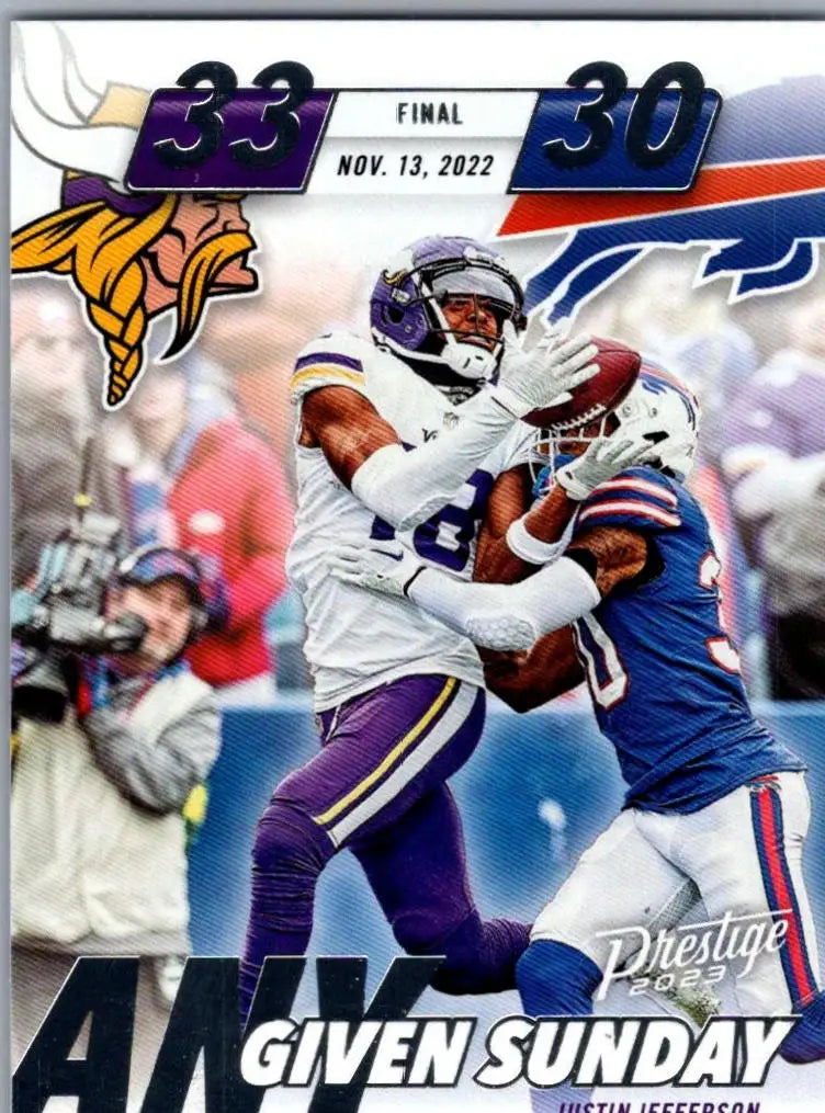 Justin Jefferson football trading card from Panini Prestige 2023 featuring Minnesota Vikings