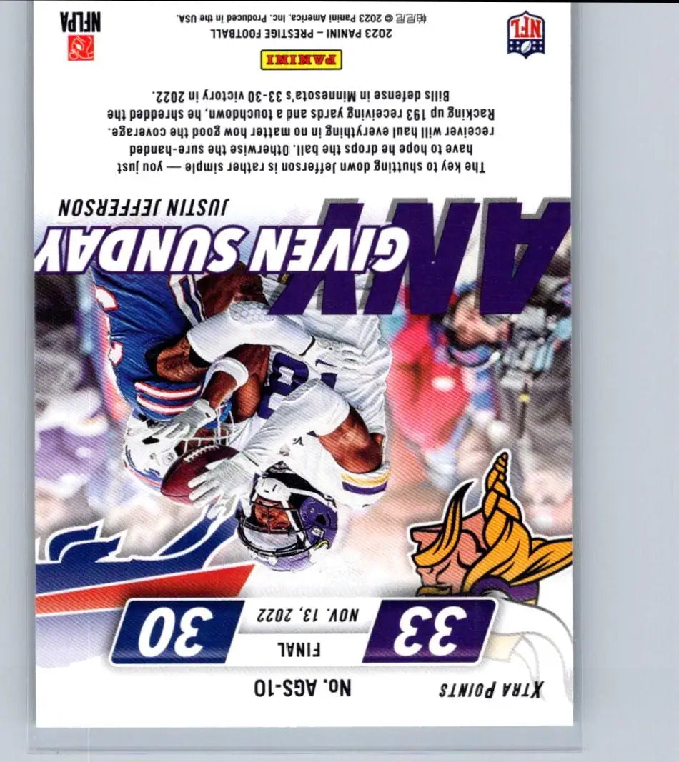Upside-down Justin Jefferson football trading card from 2023 Panini Prestige Any Given Sunday