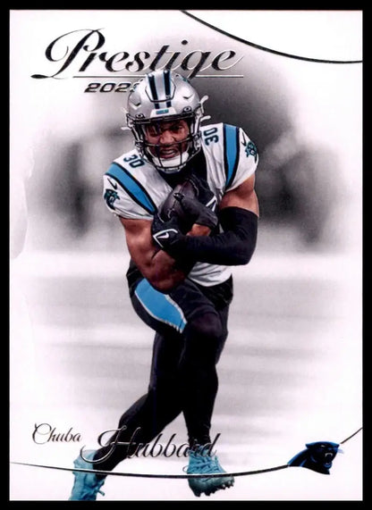 Football card featuring Chuba Hubbard in Carolina Panthers uniform from 2023 Panini Prestige