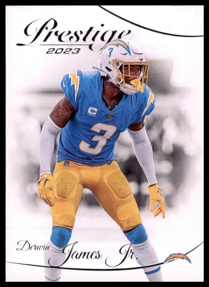 Football card of Derwin James Jr. in blue Chargers uniform from 2023 Panini Prestige