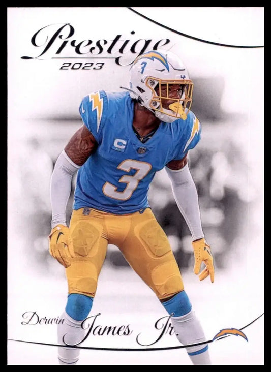 Football card of Derwin James Jr. in blue Chargers uniform from 2023 Panini Prestige