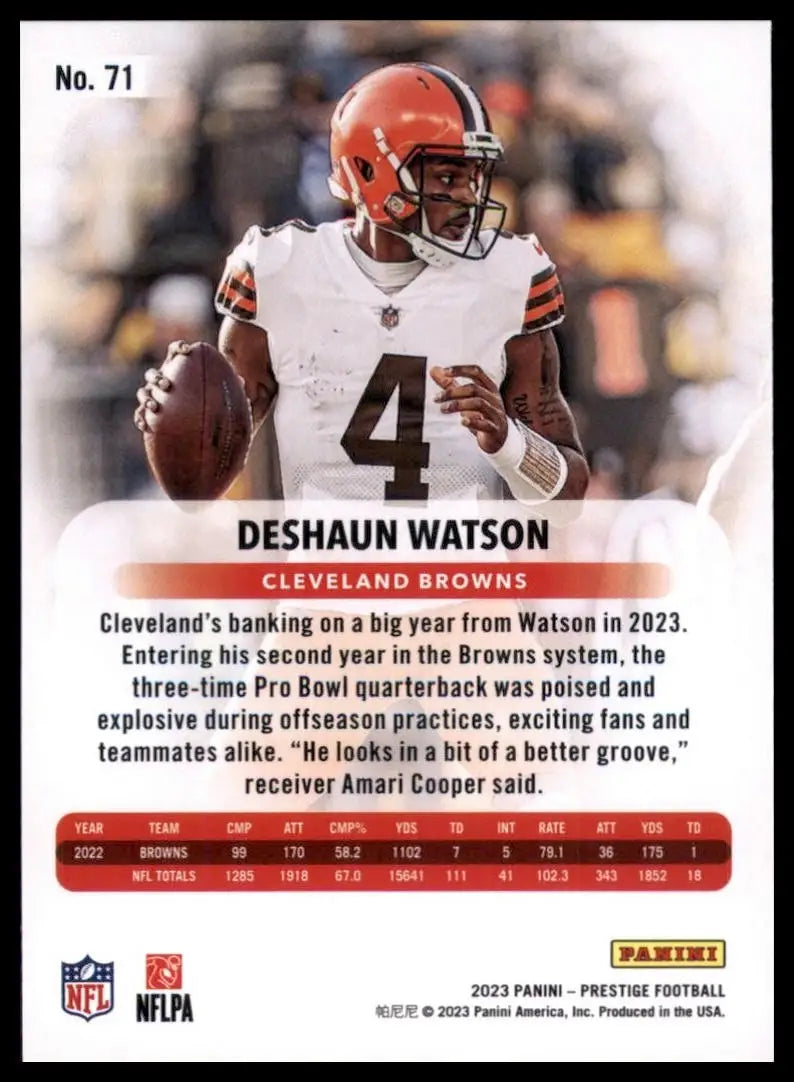 Football card featuring Deshaun Watson of the Cleveland Browns from 2023 Panini Prestige