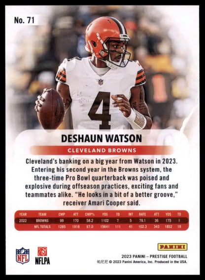 Football card featuring Deshaun Watson of the Cleveland Browns from 2023 Panini Prestige