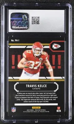 Panini Prestige Travis Kelce football card from 2023 Panini Prestige series displayed