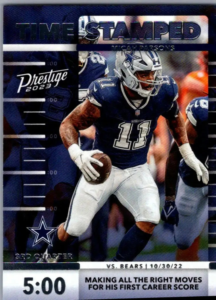 Football trading card featuring Micah Parsons from 2023 Panini Prestige Parsons Time Stamped