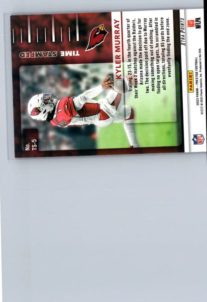 Kyler Murray football trading card from 2023 Panini Prestige Murray Time Stamped series