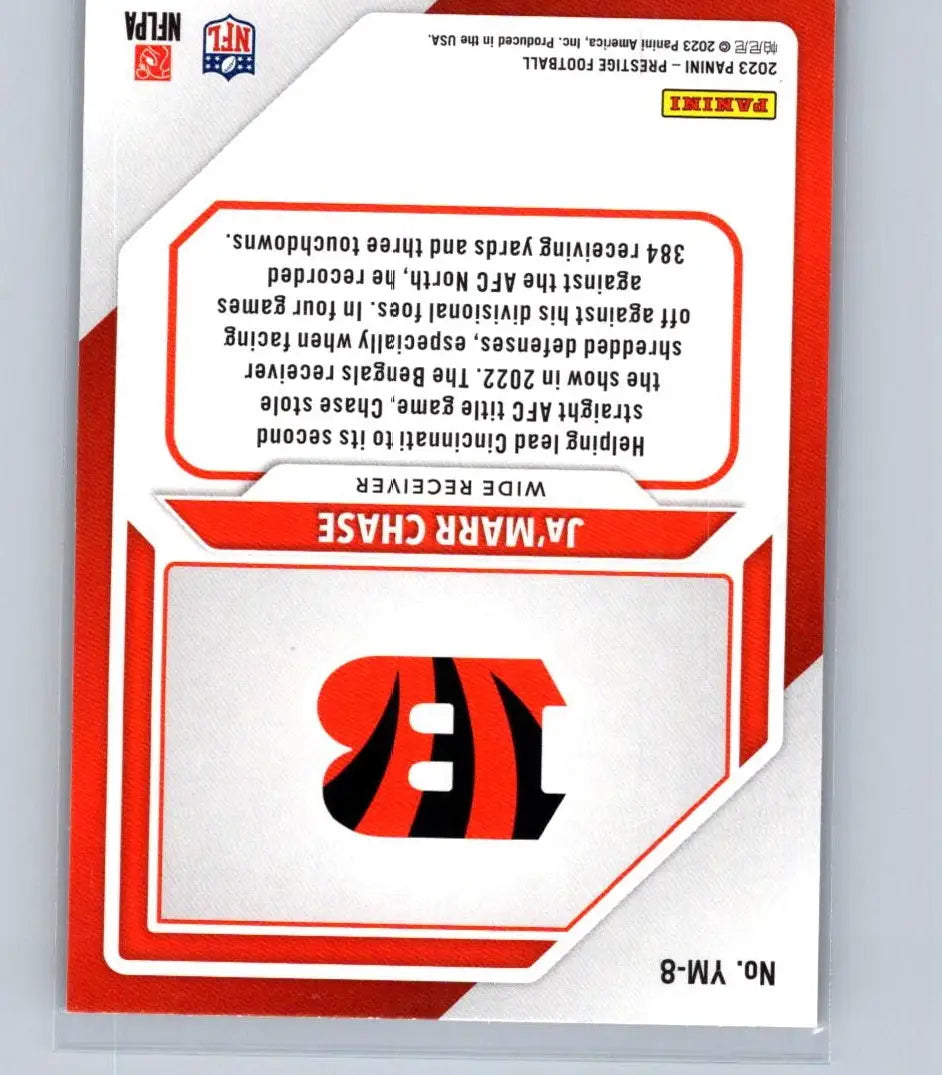 Collectible Ja’Marr Chase Youth Movement trading card from 2023 Panini Prestige series