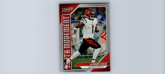 Football trading card featuring Ja’Marr Chase of the Cincinnati Bengals from Panini Prestige Chase Youth Movement