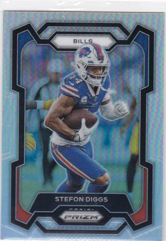 Blue and silver Panini Prizm football card featuring Stefon Diggs Buffalo Bills