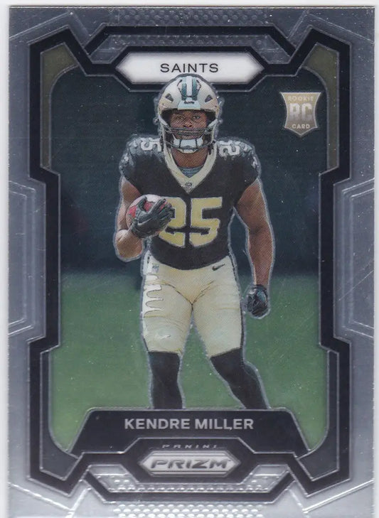 Black and gold Panini Prizm Kendre Miller football trading card featuring Orleans Saints