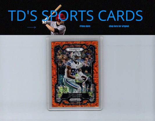 A graded Panini Prizm CeeDee Lamb Disco football trading card with orange patterned border