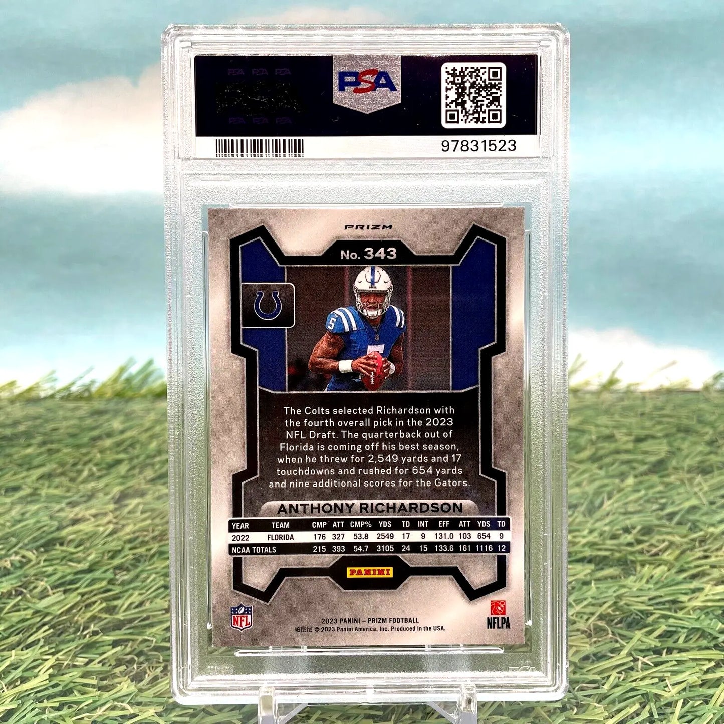 Graded Anthony Richardson football card from 2023 Panini Prizm Red, White, and Blue Prizm