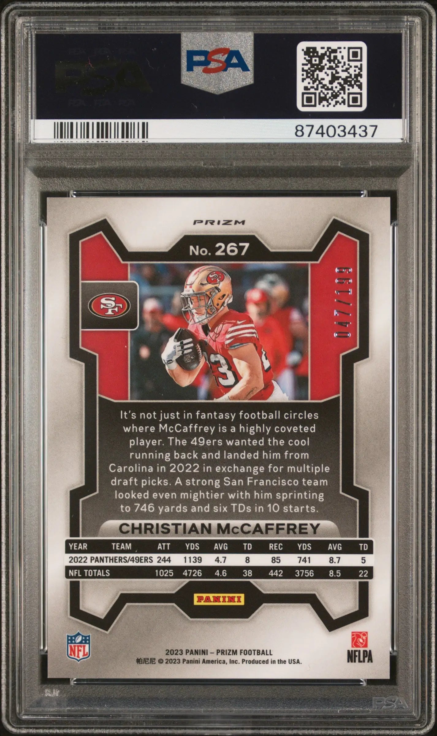 2023 Panini Prizm Christian Mccaffrey #267 Blue Wave Football PSA 8