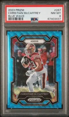 Graded Christian McCaffrey football card 2023 Panini Prizm Christian Mccaffrey Blue Wave