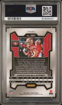 Graded Christian McCaffrey football card from 2023 Panini Prizm Blue Wave series