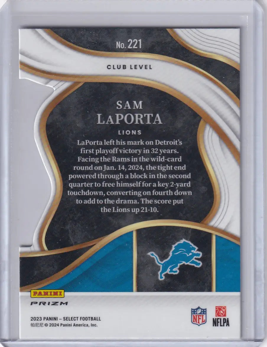 Detroit Lions Sam LaPorta football trading card from 2023 Panini Prizm Diecut Club Level