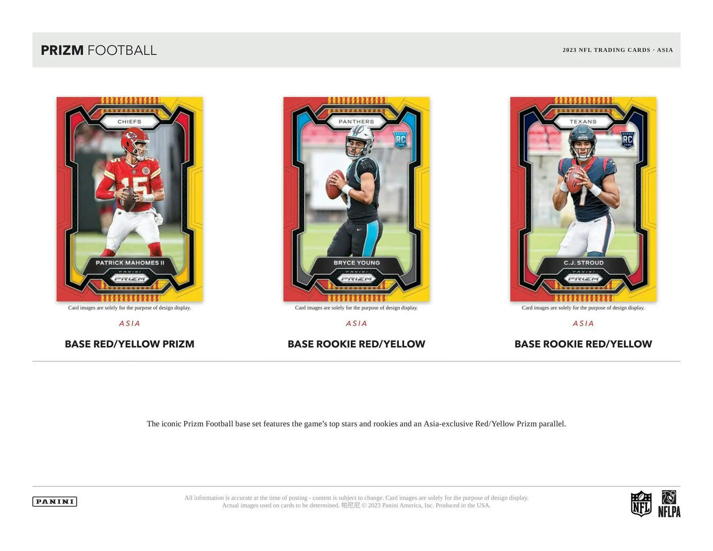 Three Panini Prizm Football Asia trading cards featuring exclusive red yellow designs